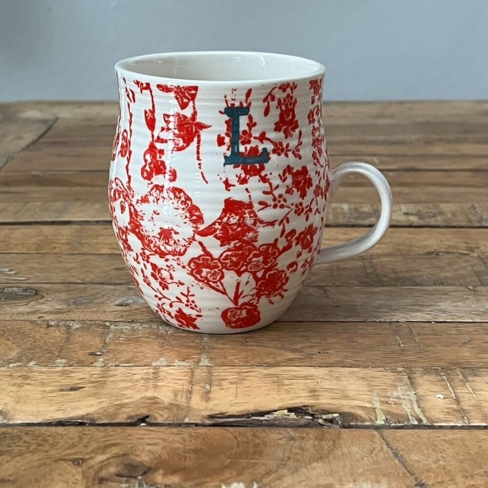 Anthropologie Homegrown Initial L Mug Red Floral Bird Toile